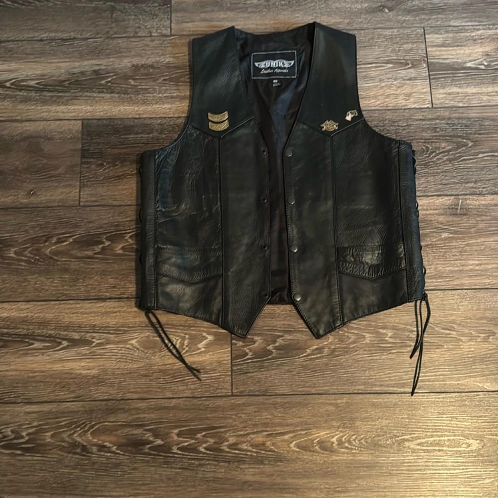 Unik Black Leather Men's Vest with Pins